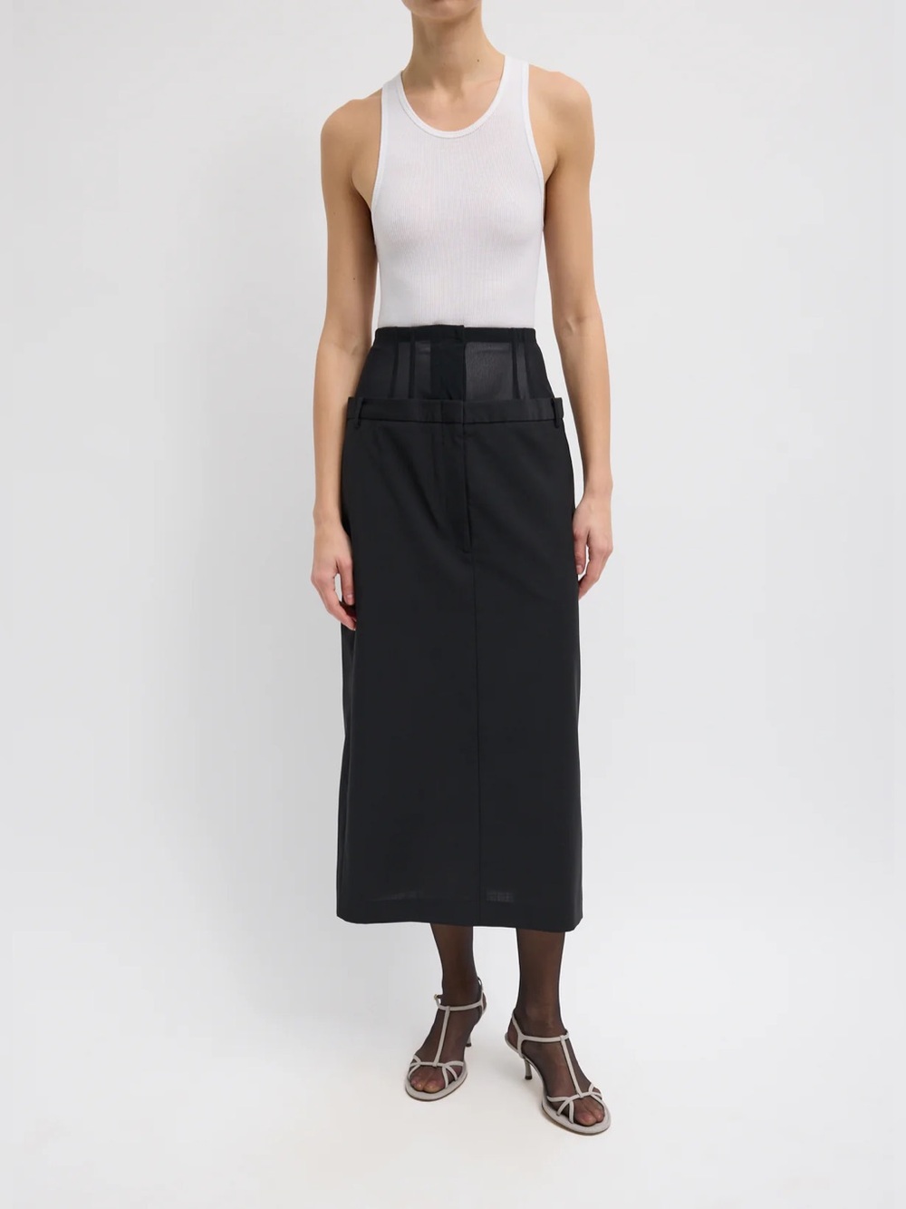Tibi Black High-Waist Midi Skirt with Sheer Waist Panel Size 0